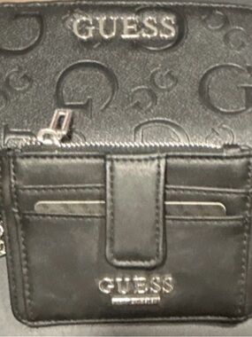 Guess Black Leather Card Holder with Silver Logo And zip wallet